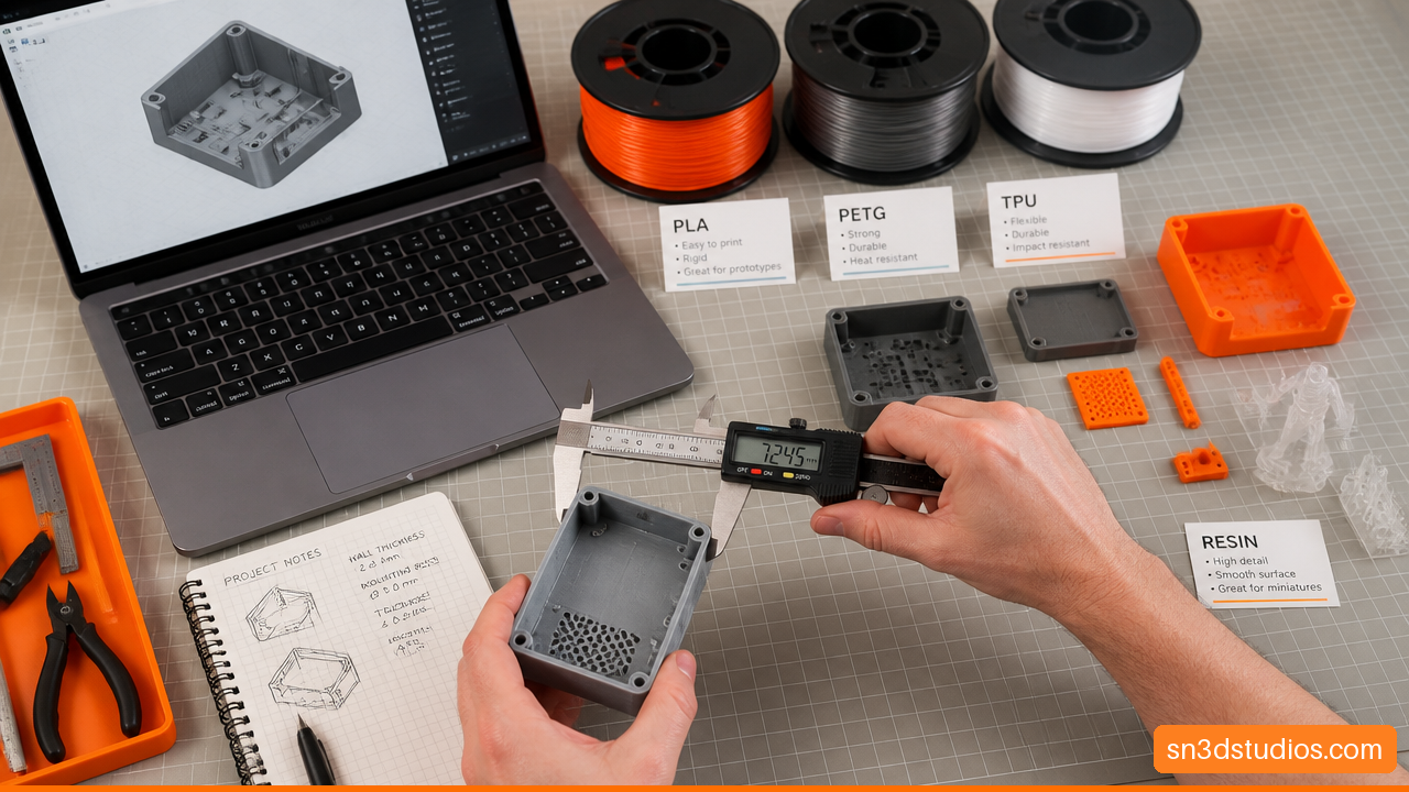 Measuring custom 3D printed parts beside CAD files and material samples